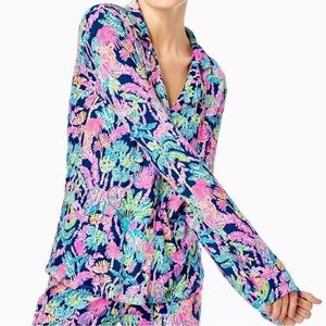 Lilly Pulitzer PJ Knit Long Sleeve Button Up Top Oyster Bay Navy Small R2